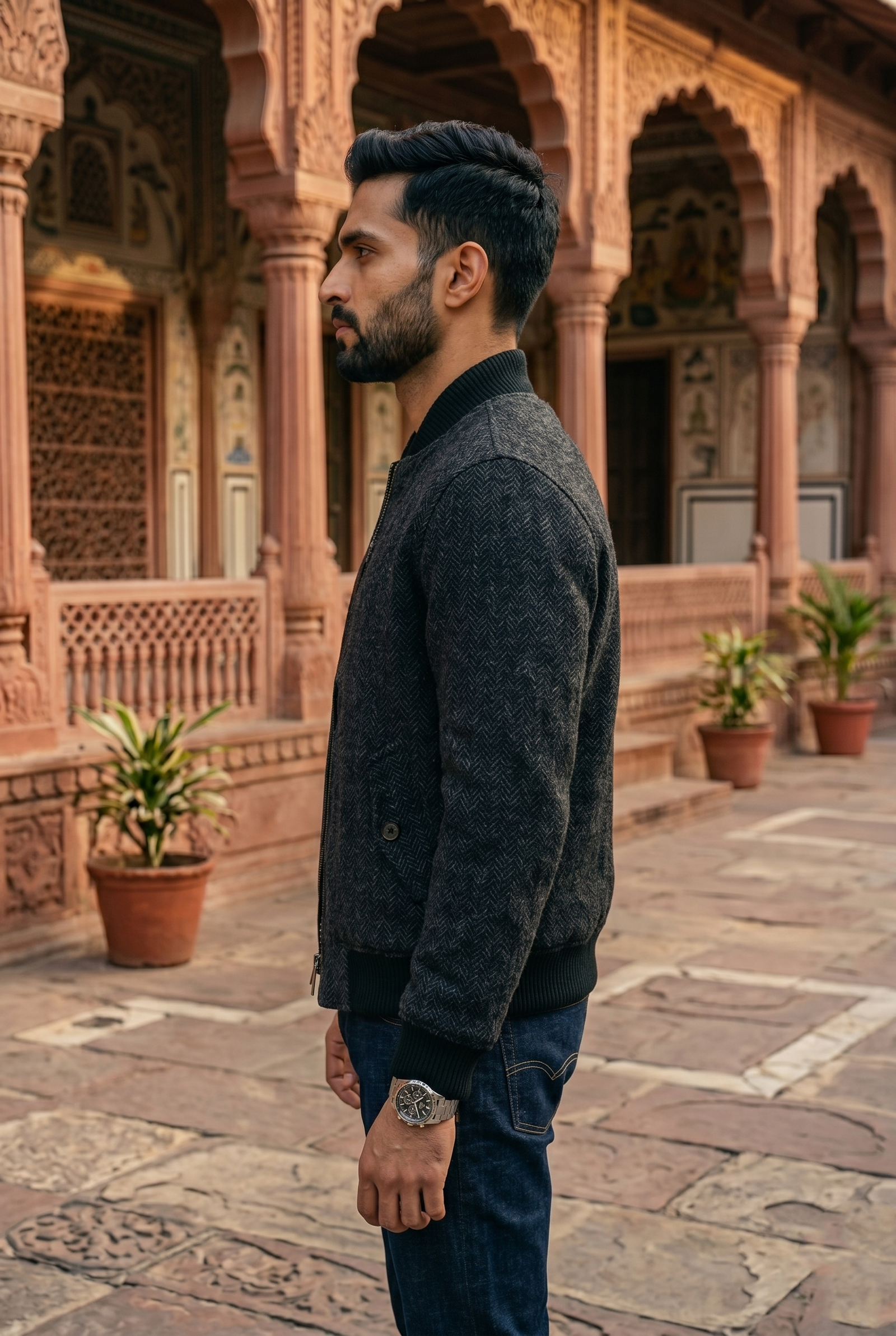 Men's Tweed Bomber Jacket – Classic Charcoal Black - Image 3