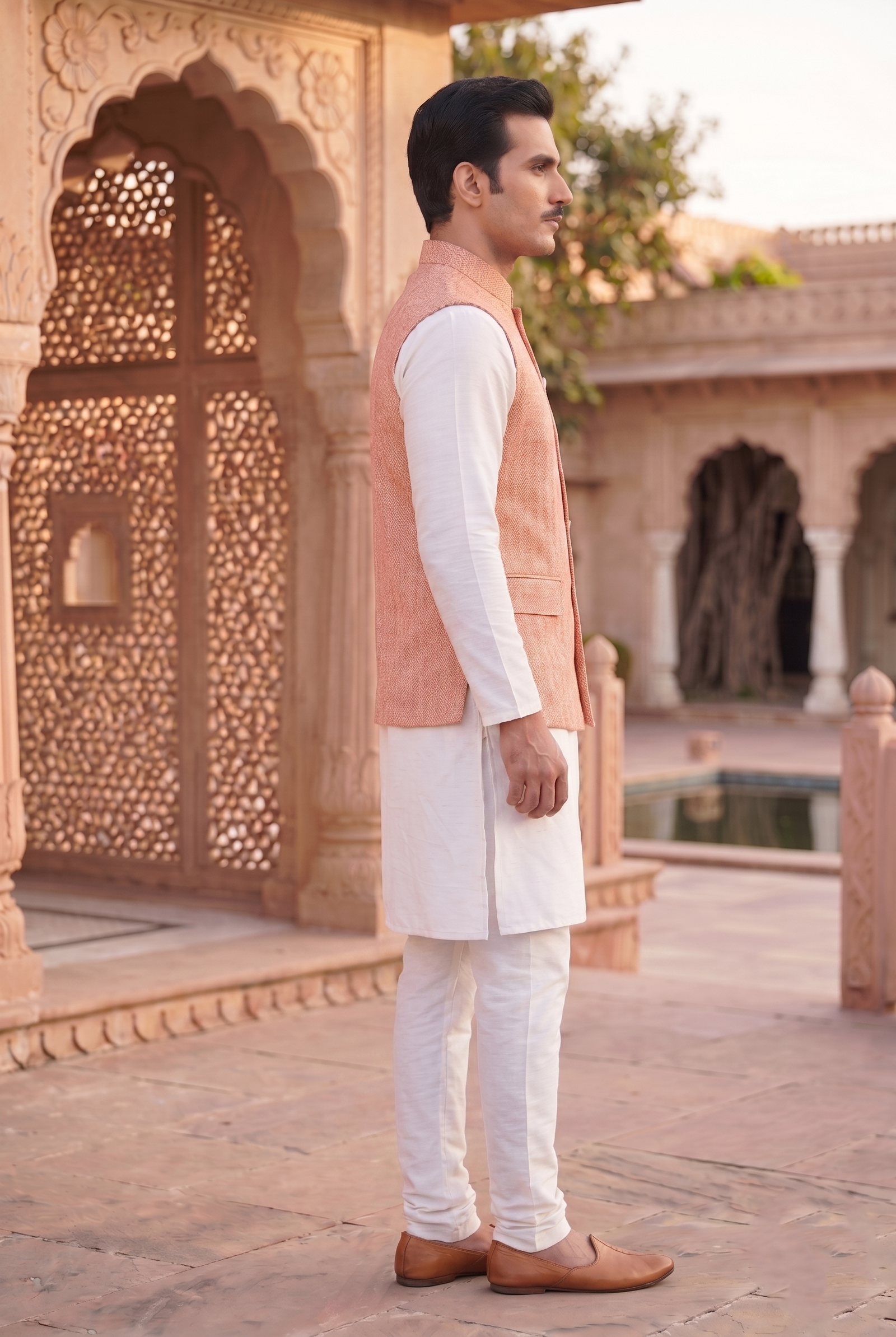 Men's Tweed Nehru Vest – Classic Peach Terracotta Herringbone Nehru Jacket - Image 3
