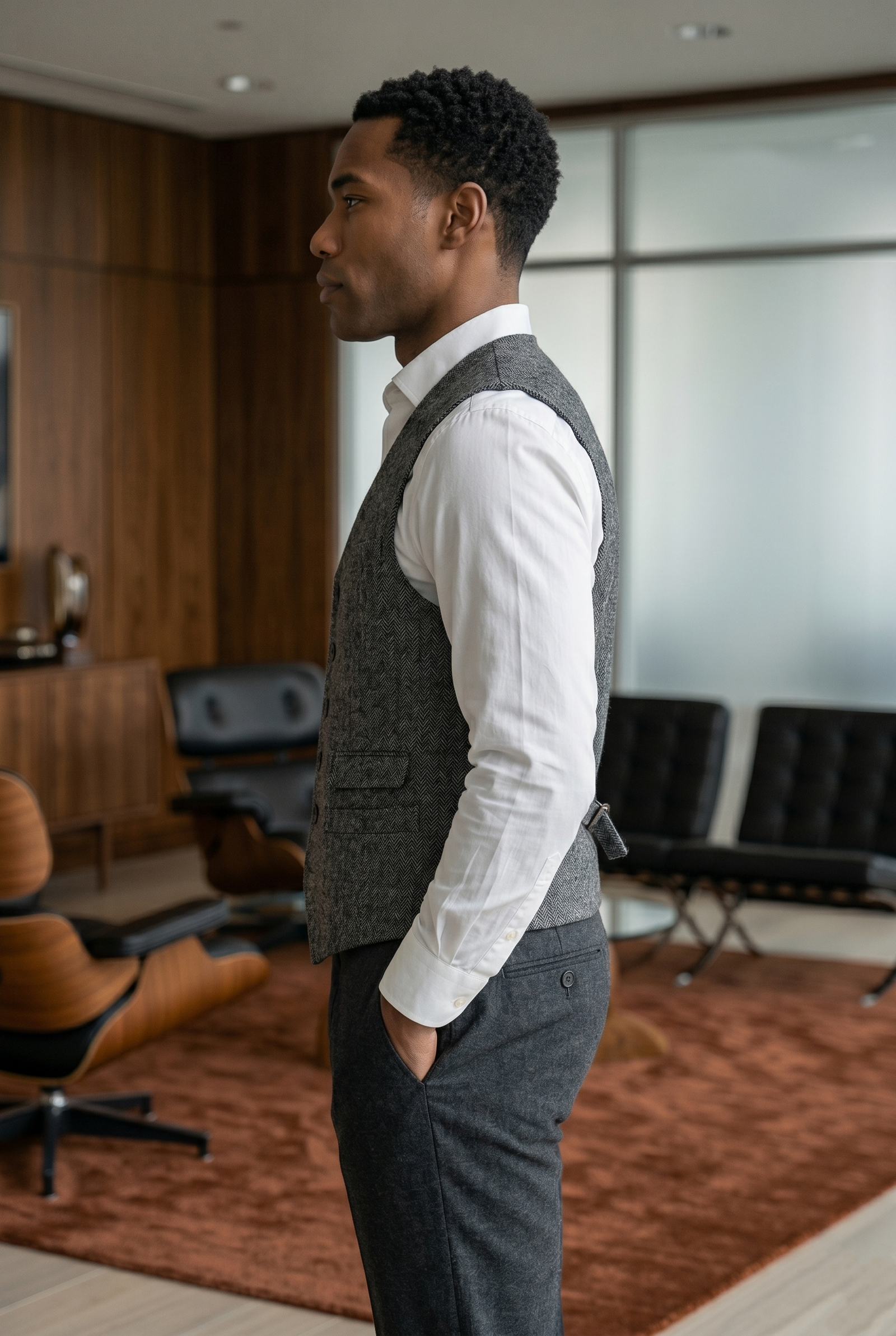 Men's Tweed Waistcoat – Classic Medium Grey Herringbone Vest - Image 3
