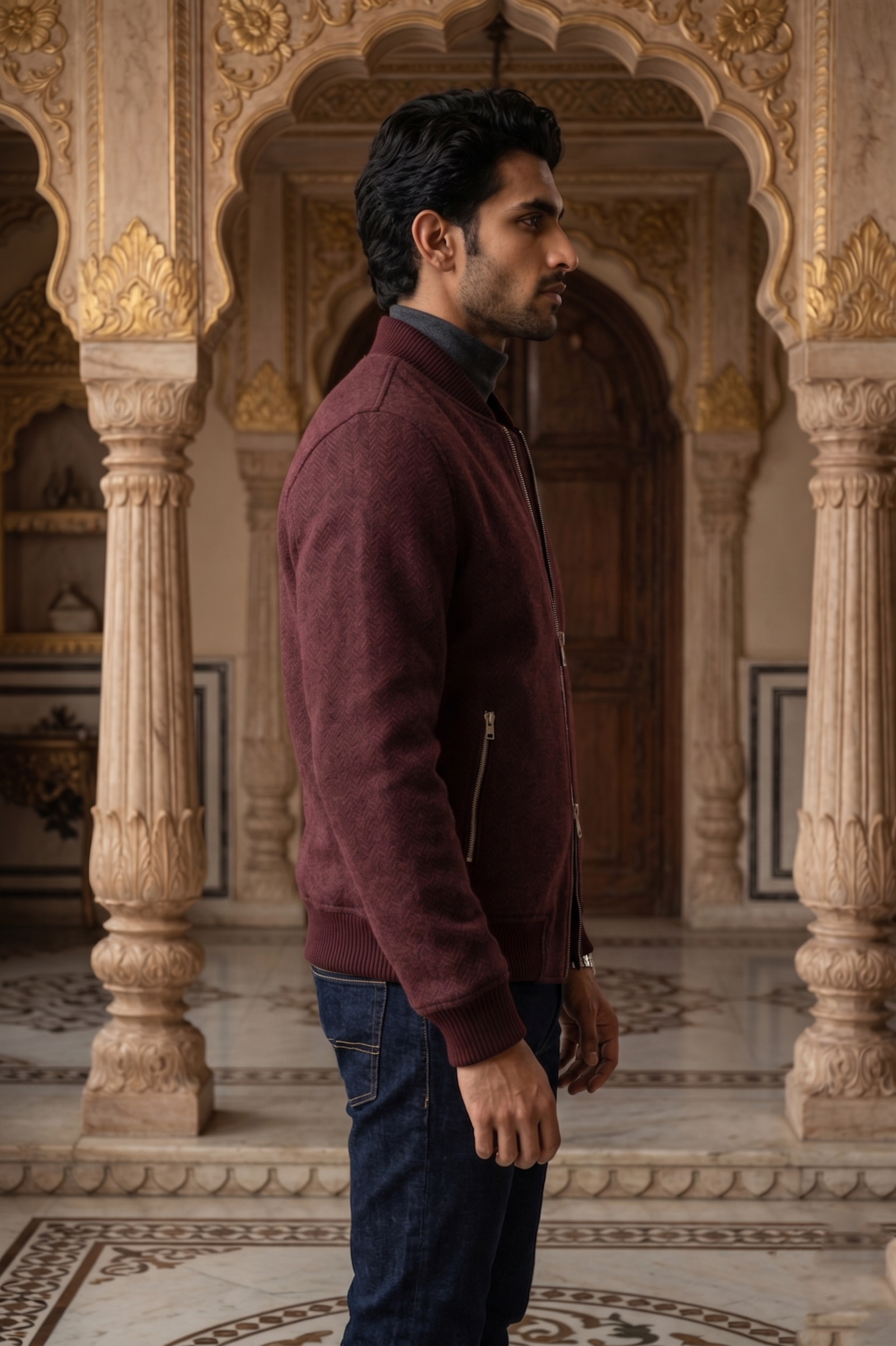 Men's Tweed Bomber Jacket – Classic Maroon Burgundy - Image 4