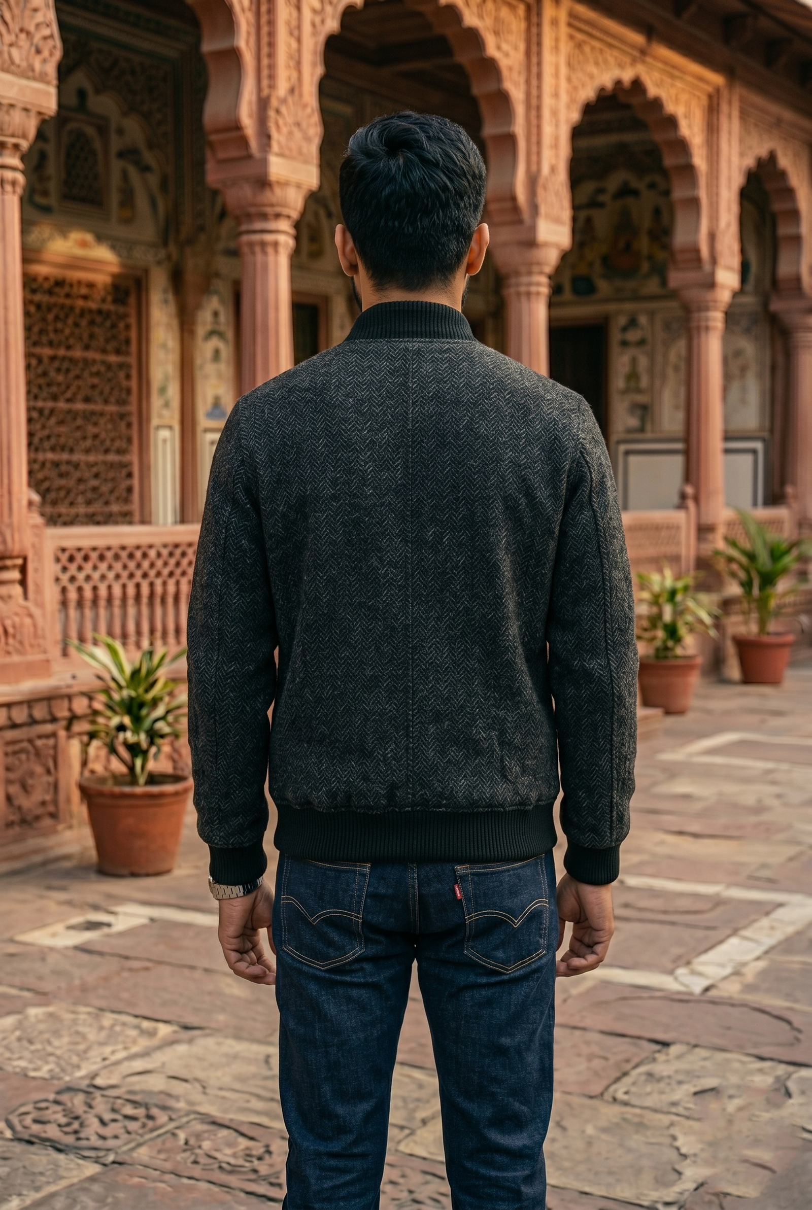 Men's Tweed Bomber Jacket – Classic Charcoal Black - Image 4