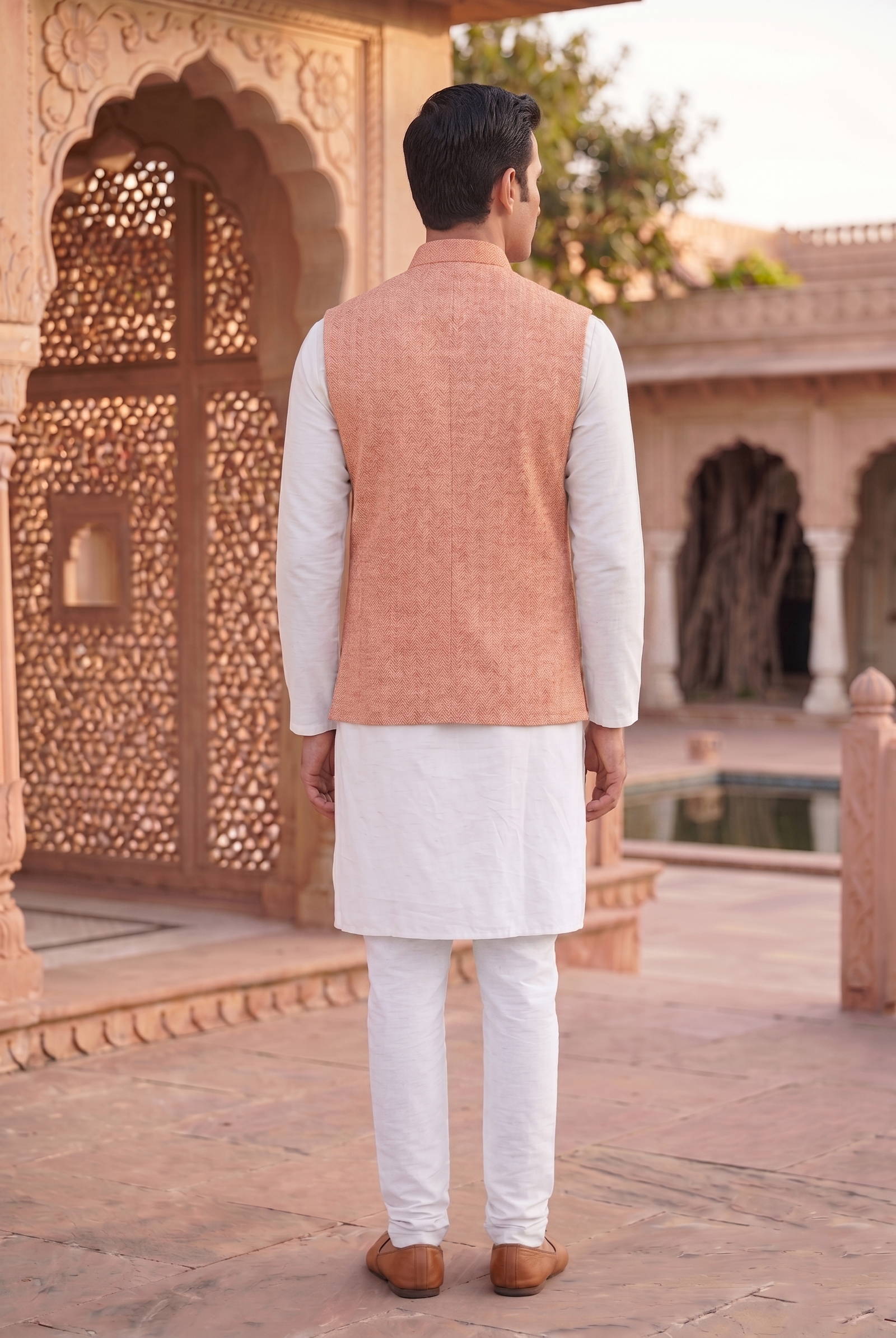 Men's Tweed Nehru Vest – Classic Peach Terracotta Herringbone Nehru Jacket - Image 4