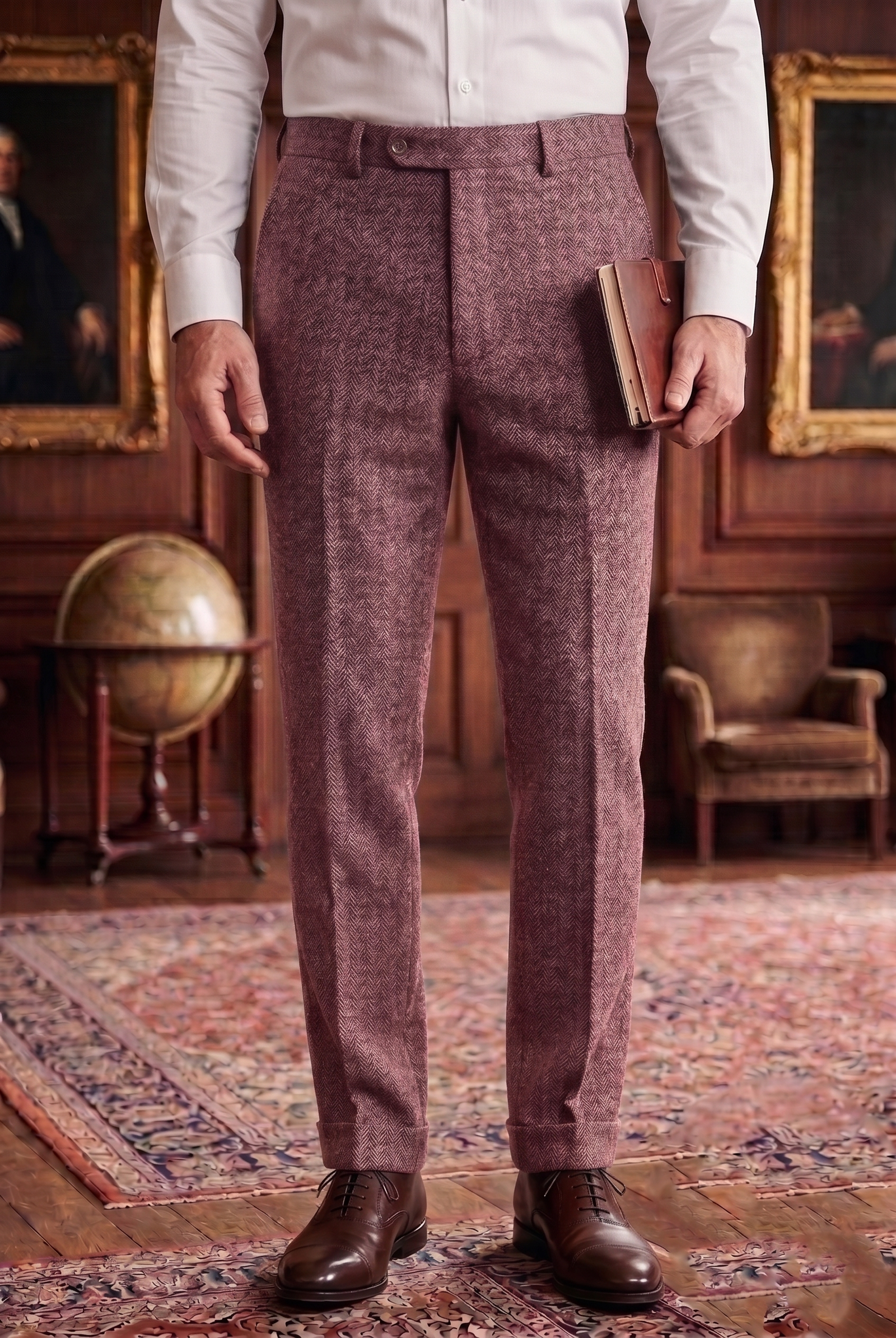 Men's Tweed Dress Trousers – Classic Burgundy Rose Herringbone Slim Fit