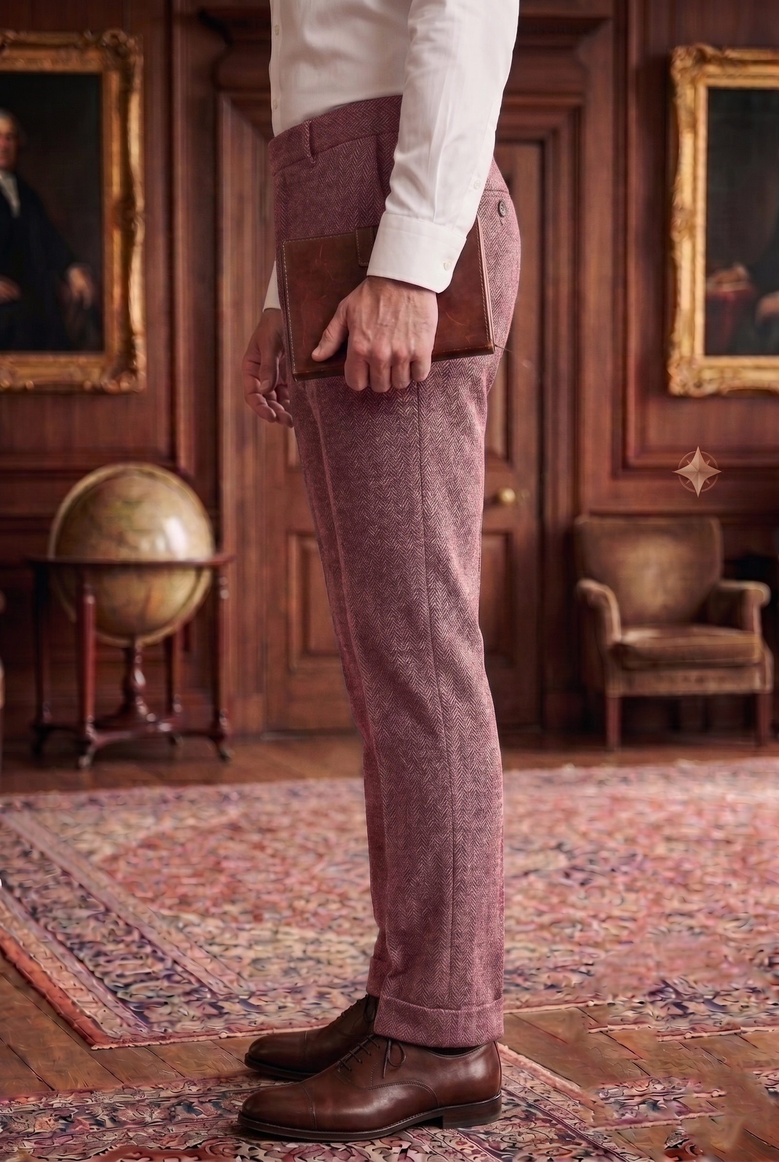 Men's Tweed Dress Trousers – Classic Burgundy Rose Herringbone Slim Fit - Image 2