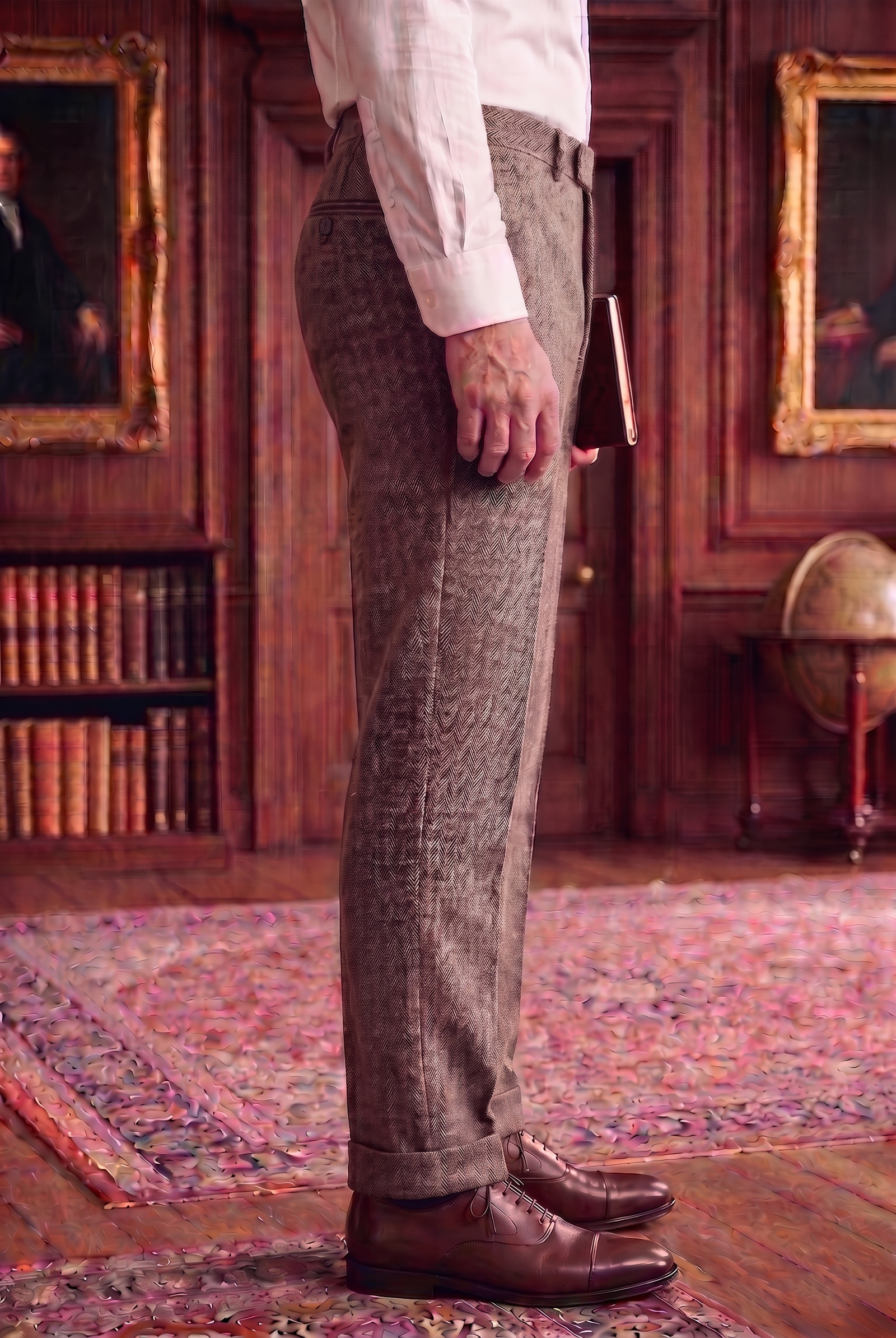 Men's Tweed Dress Trousers – Classic Taupe Brown Herringbone Slim Fit - Image 2