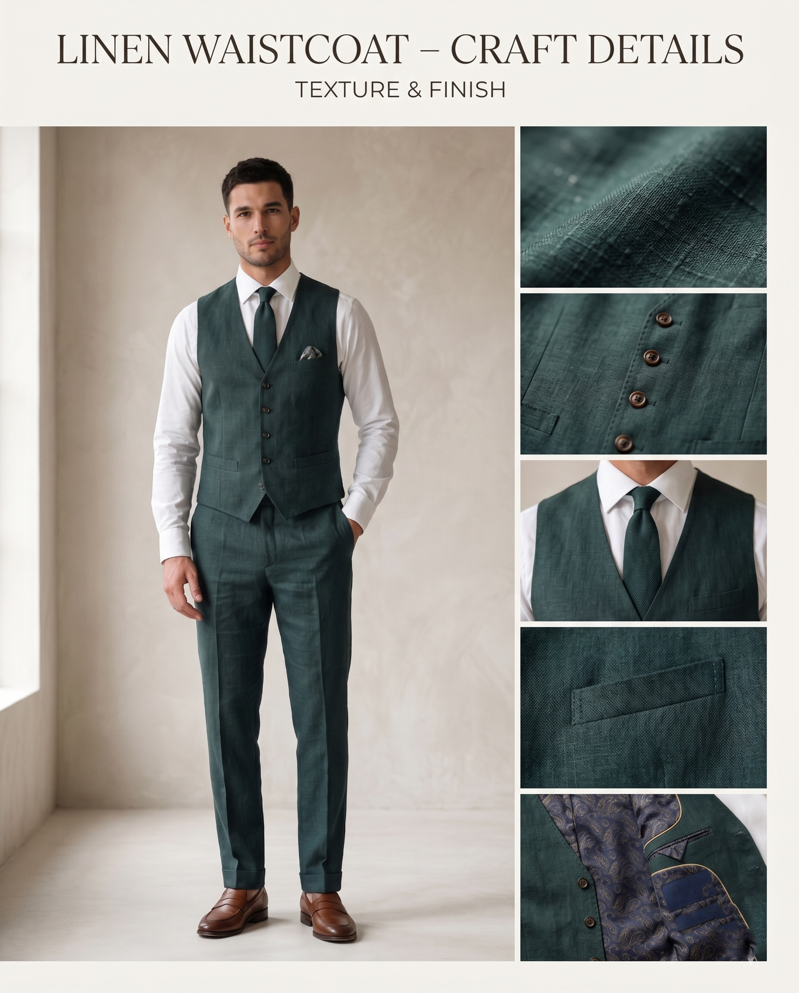 Men's 3-Piece Linen Suit Slim Fit – Dark Forest Green - Image 6