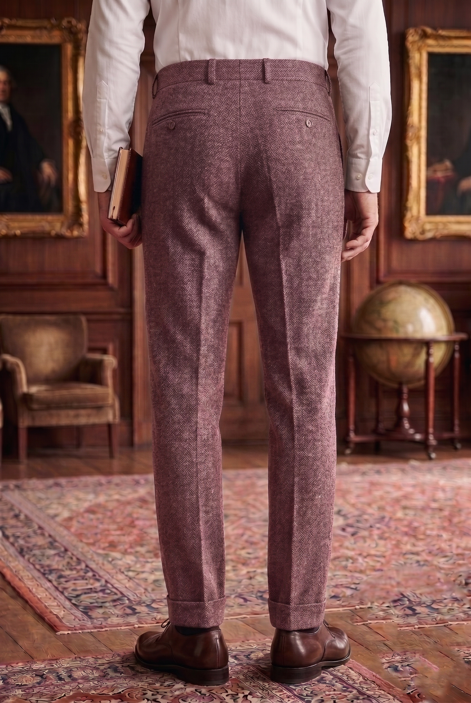 Men's Tweed Dress Trousers – Classic Burgundy Rose Herringbone Slim Fit - Image 3