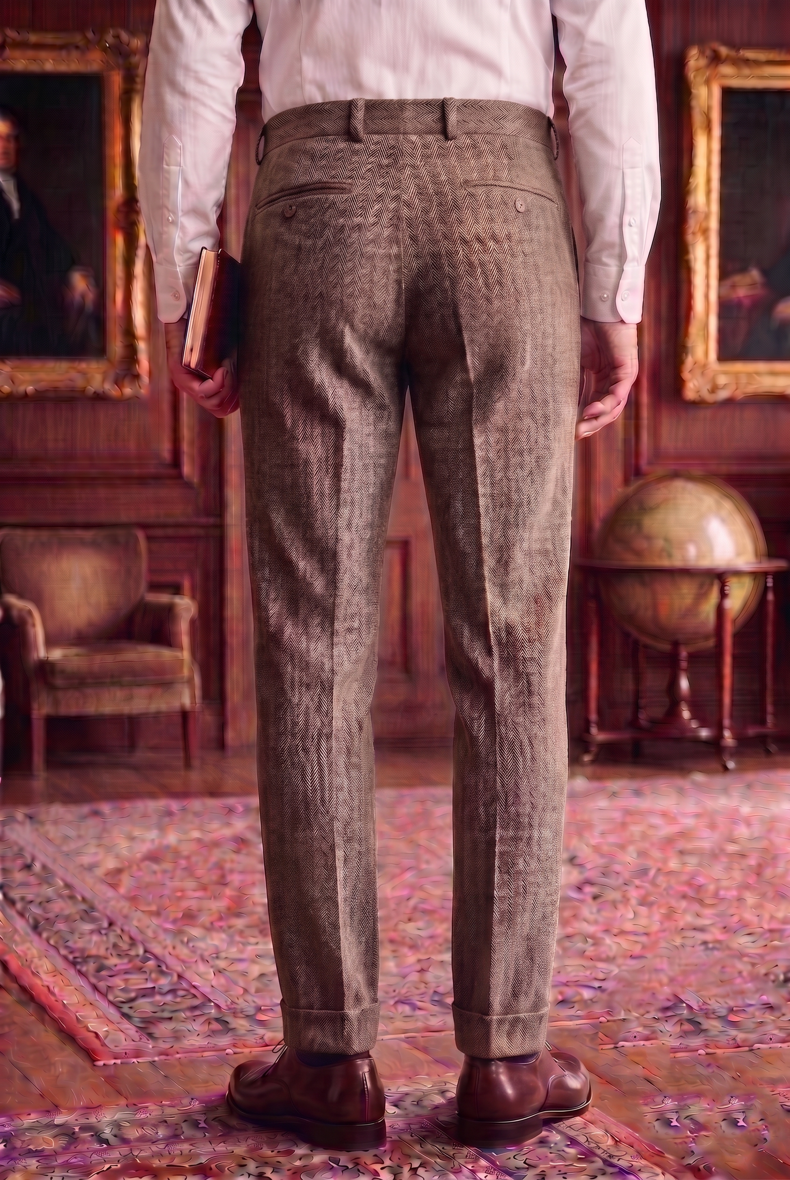Men's Tweed Dress Trousers – Classic Taupe Brown Herringbone Slim Fit - Image 3