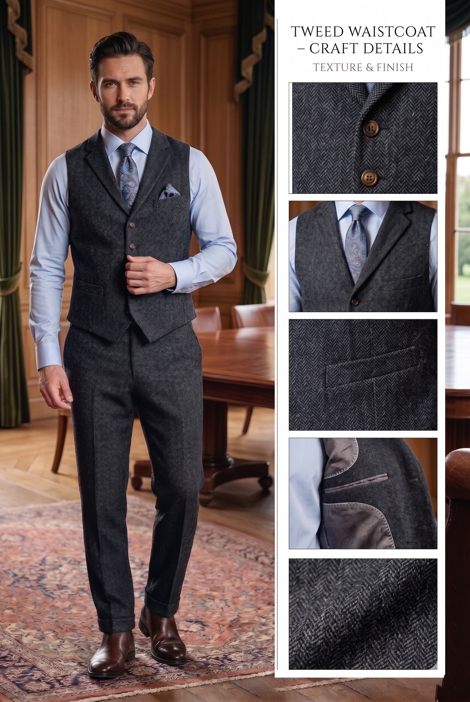 Men's 3-Piece Charcoal Grey Tweed Suit - Image 6