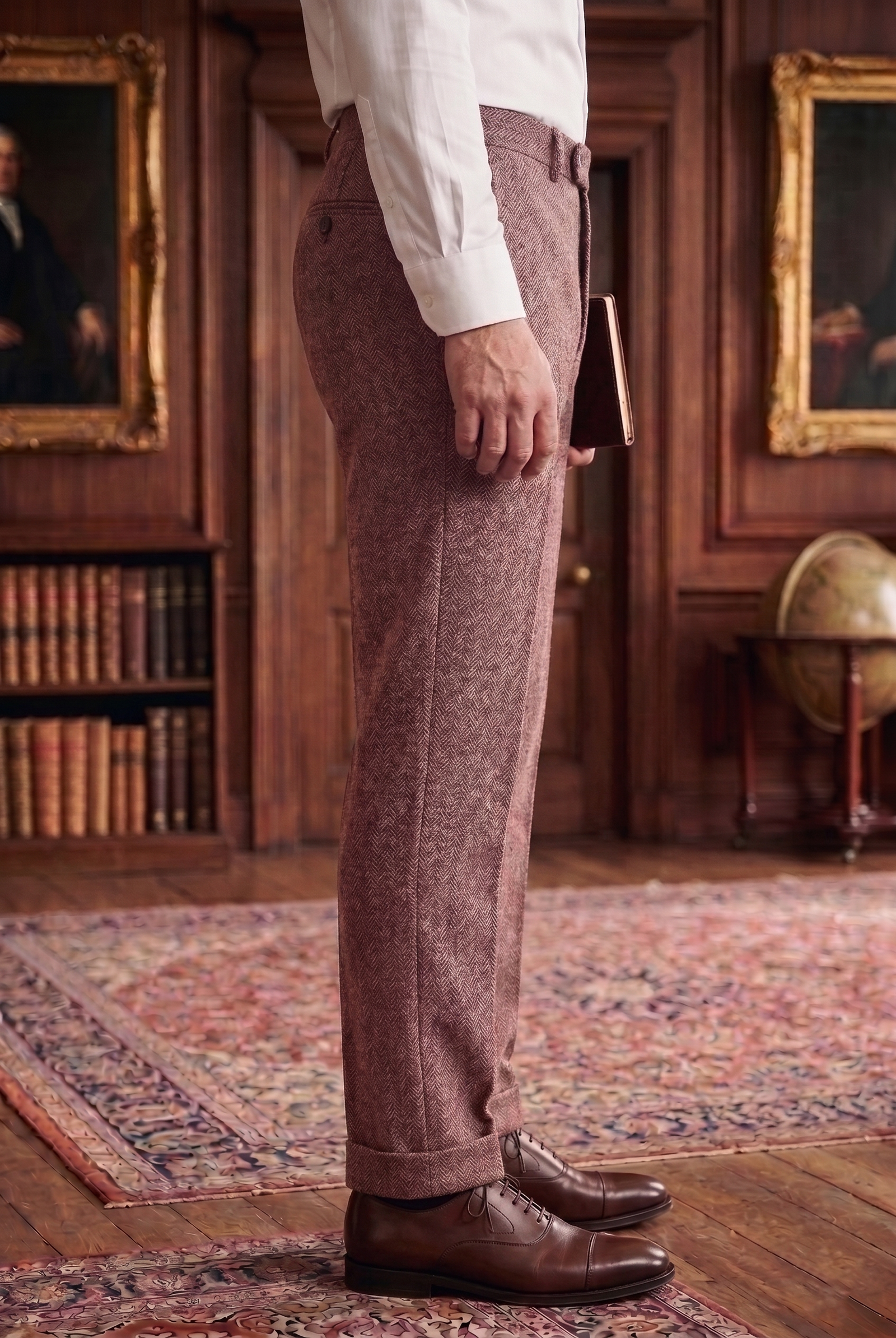 Men's Tweed Dress Trousers – Classic Burgundy Rose Herringbone Slim Fit - Image 4