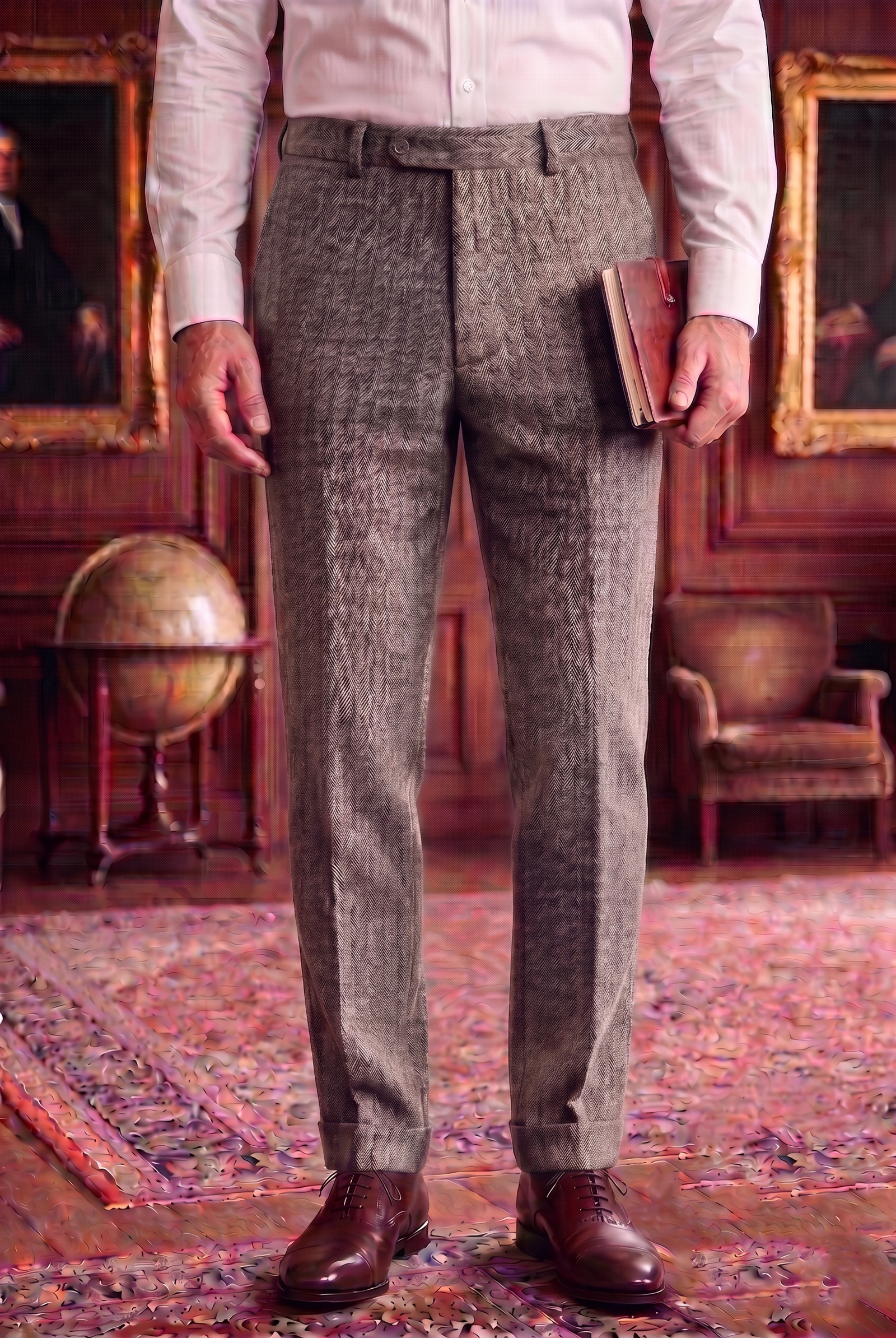 Men's Tweed Dress Trousers – Classic Taupe Brown Herringbone Slim Fit