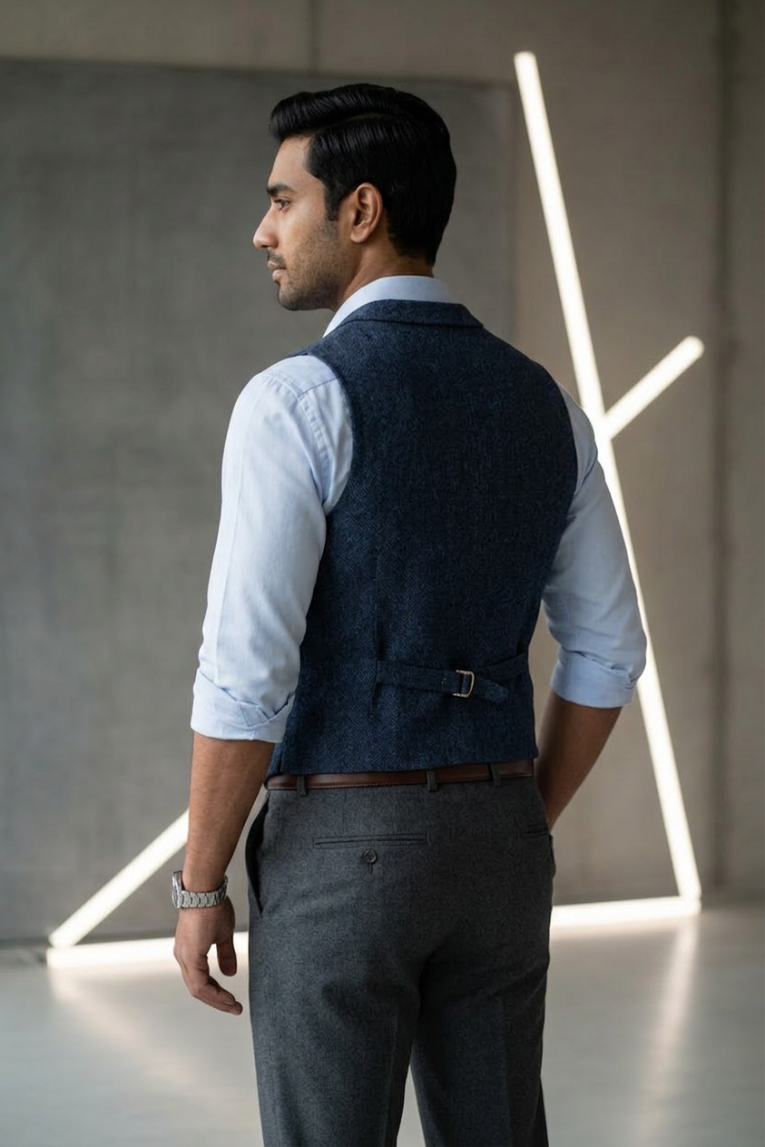 Men's Tweed Waistcoat – Classic Navy Blue Melange Notch Lapel Vest - Image 3